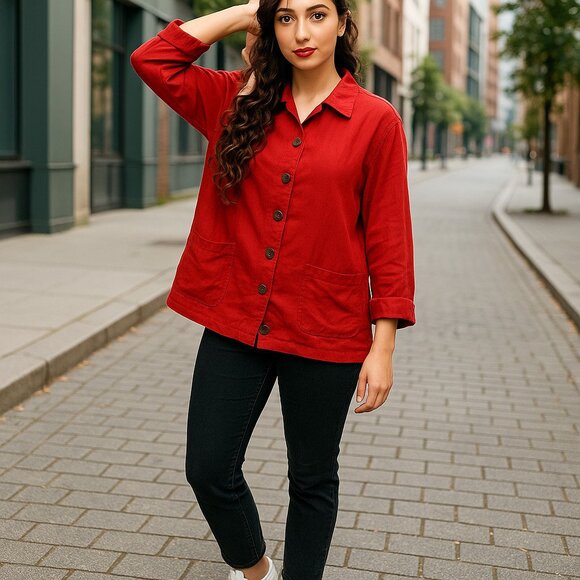 FLAX 100% Linen RED Comfy Button Down Jacket Ladies Large Lagom Boho RARE Layer - Picture 1 of 5